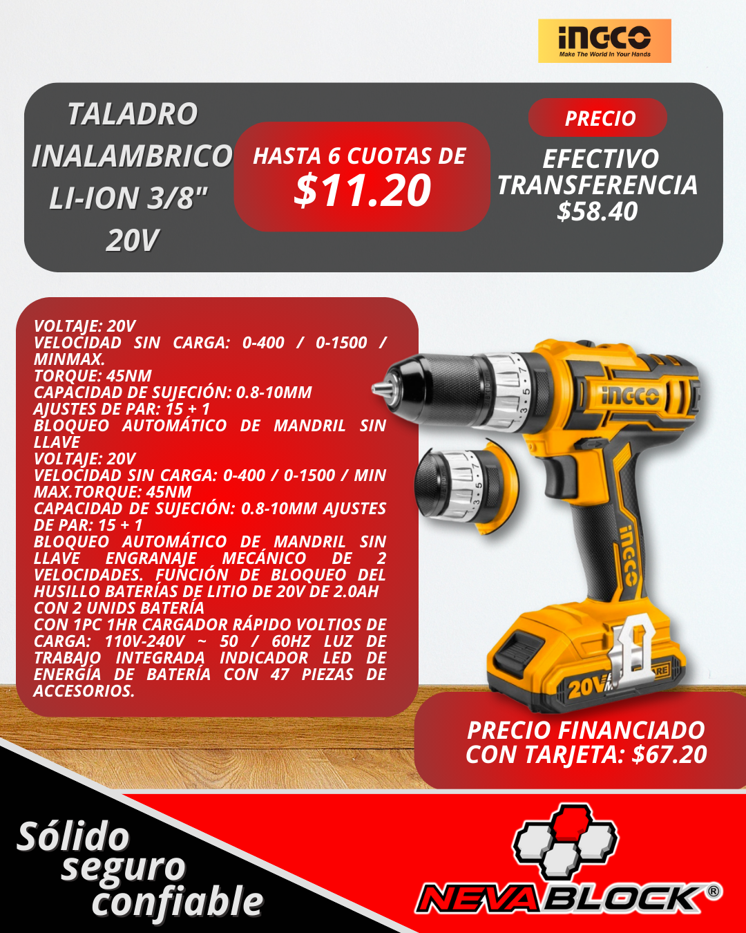 TALADRO INALAMBRICO LI-ION 3/8" 20V